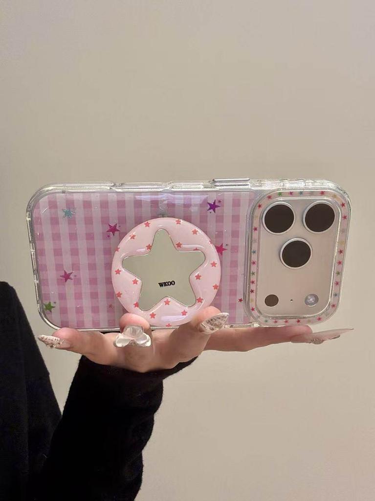 Cute Colorful Stars Sweet Pink Grid Pattern Phone Case for iphone 17pro 17 Promax 14 15 16 Promax 13  Lovely Shockproof Cover