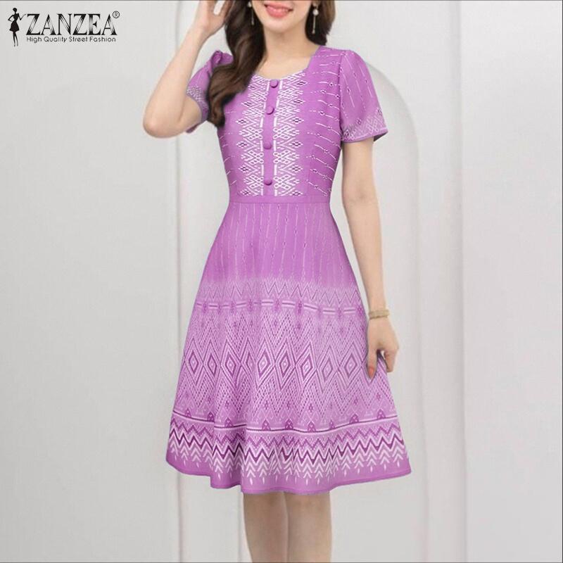 ZANZEA Women Casual Round Neck Short Sleeve Print Summer Dress