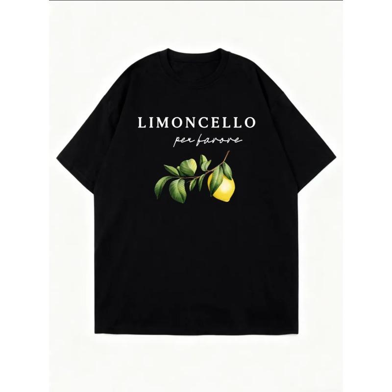 Oversize Women's Short-Sleeve T-Shirt with "LIMONCELLO per favore" Text and Lemon Branch Print