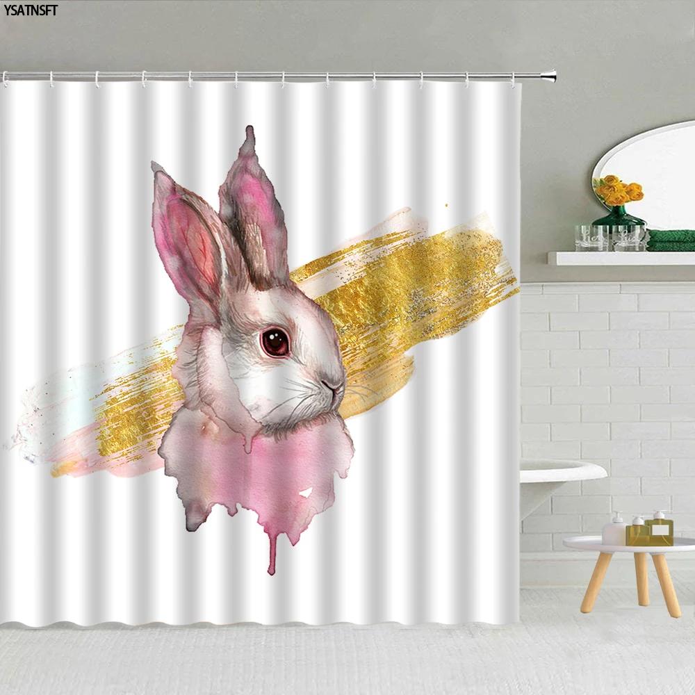 Funny Bunny Easter Shower Curtain Rabbit Colorful Egg Flower Wood Striped Backdrop Bathroom Decor Washable Fabric Hooks Curtains