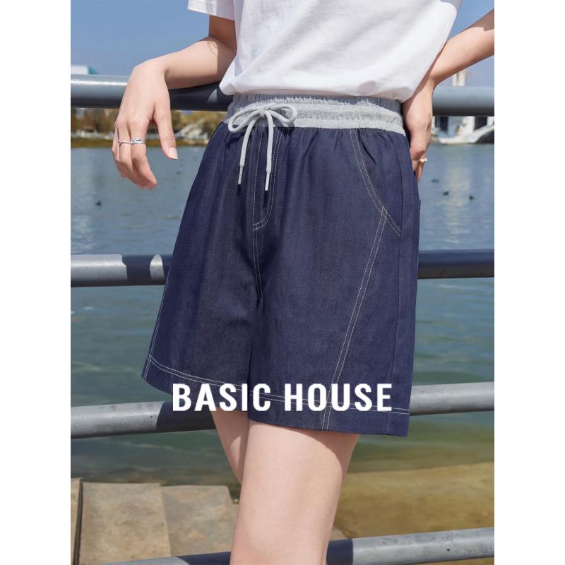 Basic House Women s Loose Fit Elastic Waist Denim Shorts S