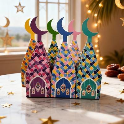 12Pcs Paper Eid Mubarak Gift Box Favor Bags Moon Castle Pattern Ramadan Kareem Box Surprise Gift Decoration Moon Lantern Box