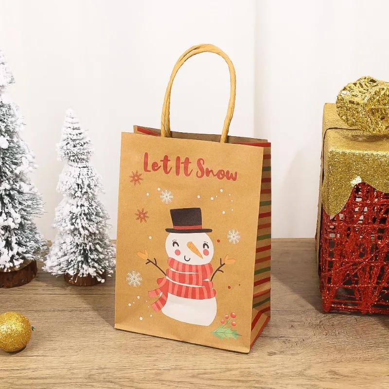 5/20x Christmas Kraft Gift Bags with Handles Snowman Santa Tree Designs Geometric Pattern Paper Tote Bags Party Xmas Decoration