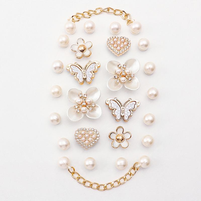 1 Set Shoe Charms Set Creative DIY 3D Shoe Flower Diamond Butterfly Pearl Flower Detachable Chain buckle Girls Shoe Decoration