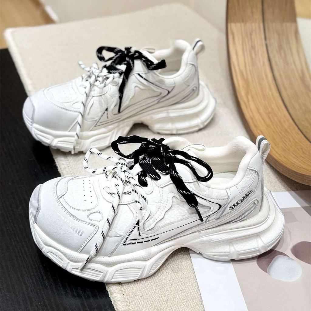 Thick-soled inner height increase Xiaobai 22 spring and autumn new dad shoes leather surface casual sports shoes