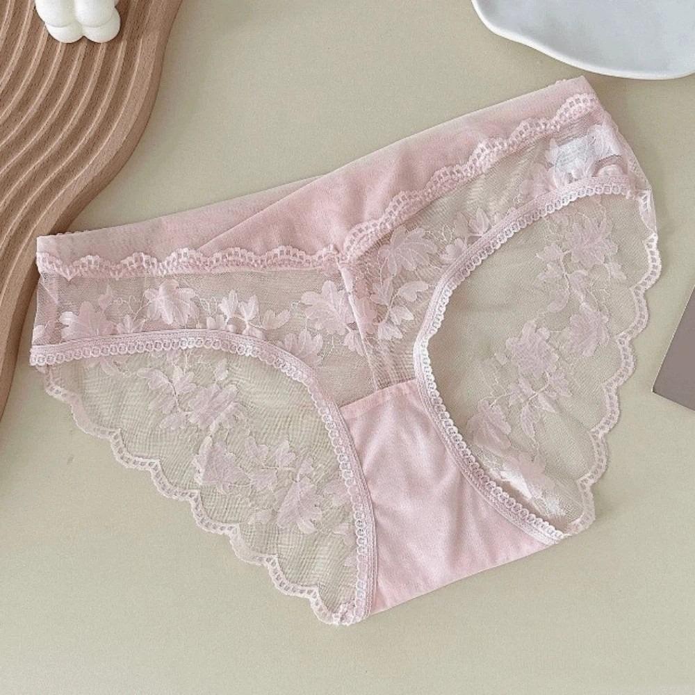 Mesh French Style Briefs Transparent Women Underwear Thin Lace Flower Panties  Gifts