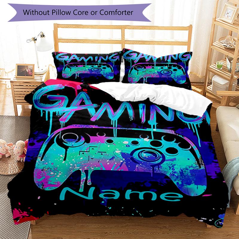3pcs Custom Name Game Controller Bedding Set Duvet Cover Closure Includes 1 Duvet Cover & 2 Pillowcases, Soft and Comfortable for All Seasons.