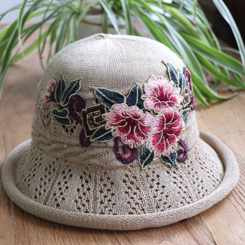 Vår og sommer etnisk vind broderi blomst sammenleggbar hatt dame strikkelue sandbøttehatt