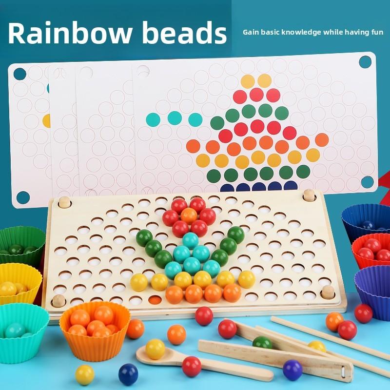 Wooden Rainbow Clamp Beads Educational Toy For Kids Skills Concentration