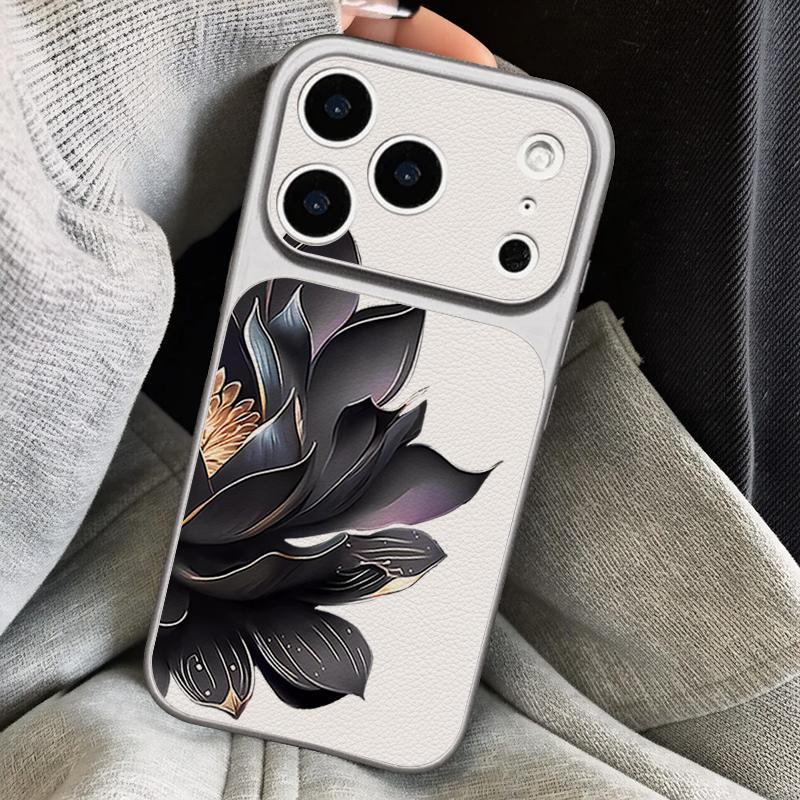 Black Lotus Floral Leather Lanyard Case For iPhone 18 Pro Max Hybrid TPU+PU Anti-skid Soft Cover For iPhone 17 16 15 14 13 Pro Max