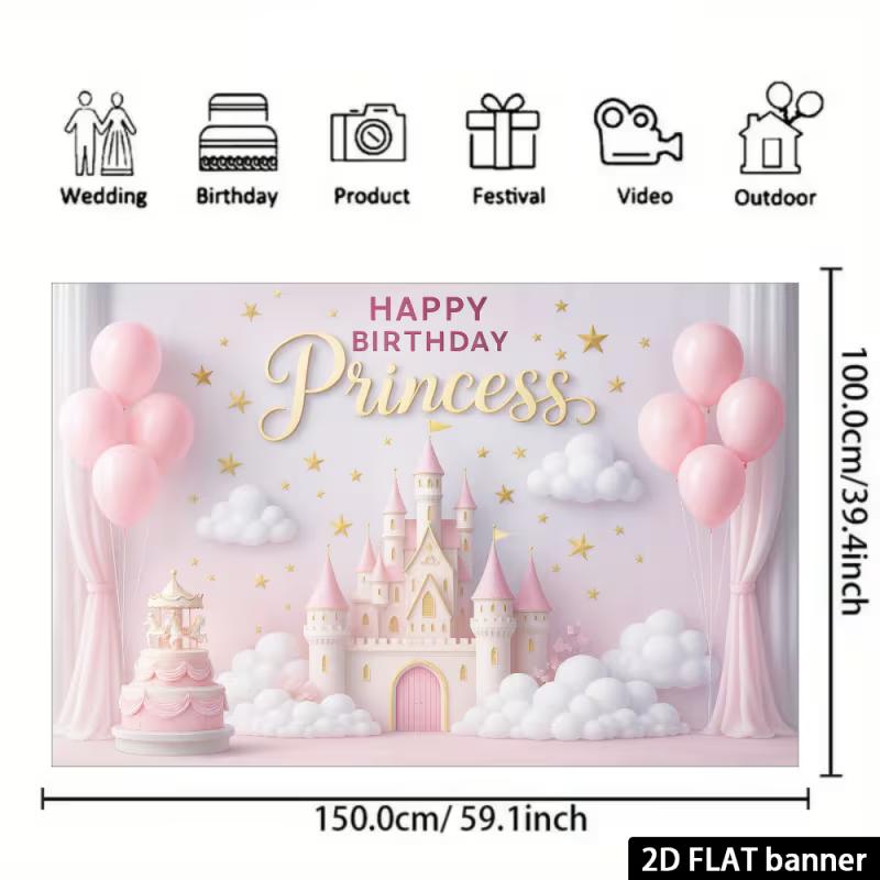 2D Princess Birthday Backdrop - Pink Balloon & Castle Banner for Girl's Magical Birthday Photoshoot