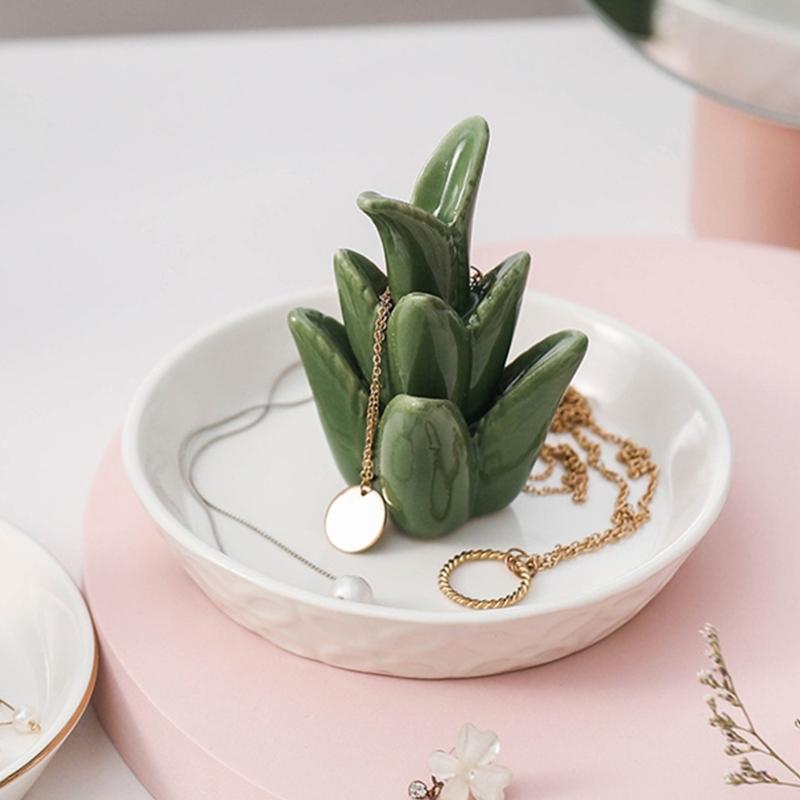 Ceramic Aloe Cactus Rings Holder Trinkets Tray Earrings Necklace Jewelry Organizers Christmas Birthday Gift for Women