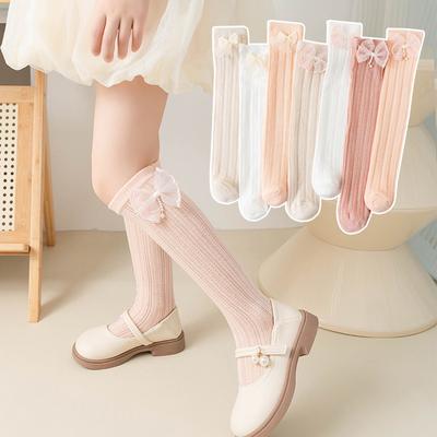 Princess Bowknot Stockings Lolita Girls Kids Summer Mesh Long Socks Solid Color Thin Breathable Children Calf Sock 3-12Year Baby
