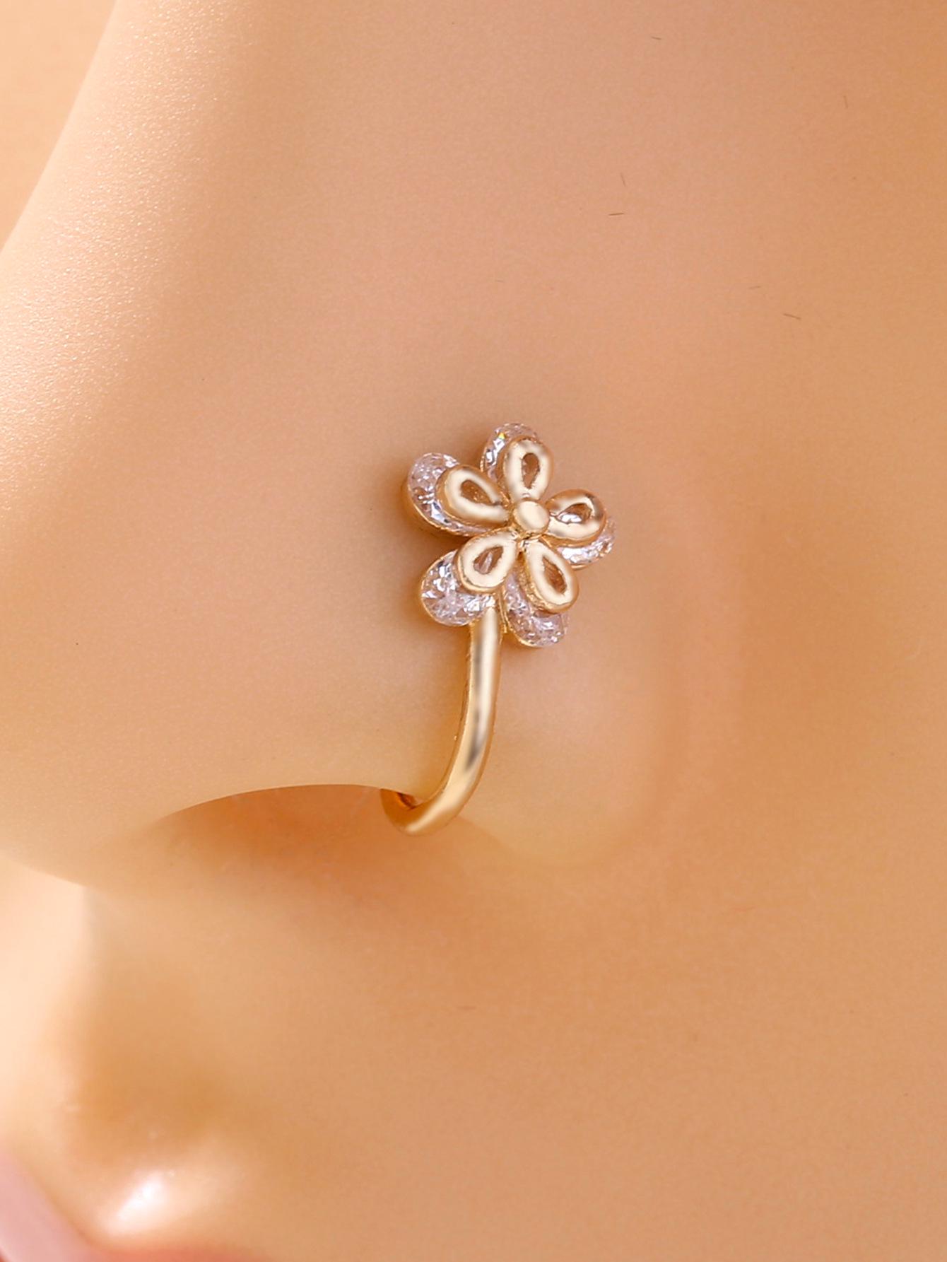 

European & American U-Shaped Zircon Flower Nose Stud - Simple, Geometric, Non-Piercing Copper Jewelry