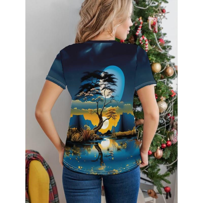 Women's Tee - Moonlit Tree & Lake Landscape Graphic, Serene Night Scenery Design for Casual Daily Wear