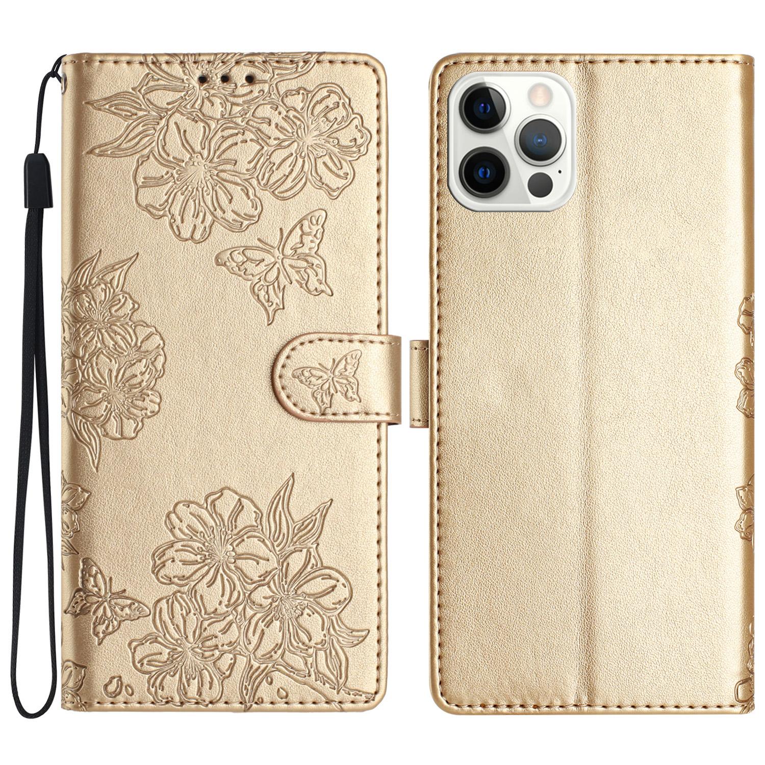 

For iPhone 16 Pro Max Case Wallet PU Leather Phone Cover Butterfly Flower Pattern Gold