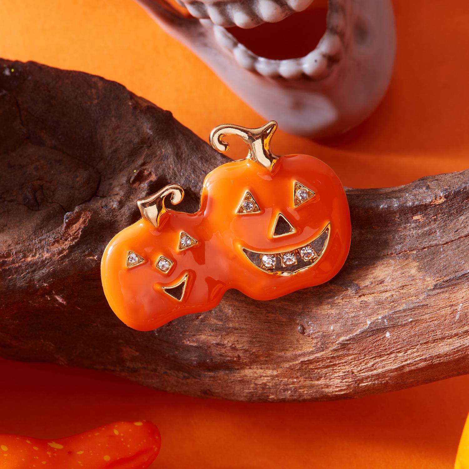 Halloween Rhinestone Pumpkin Brooches For Women Men Witch Hat Broom Funny Pumpkin Enamel Lapel Pins Fashion Jewelry Accessories