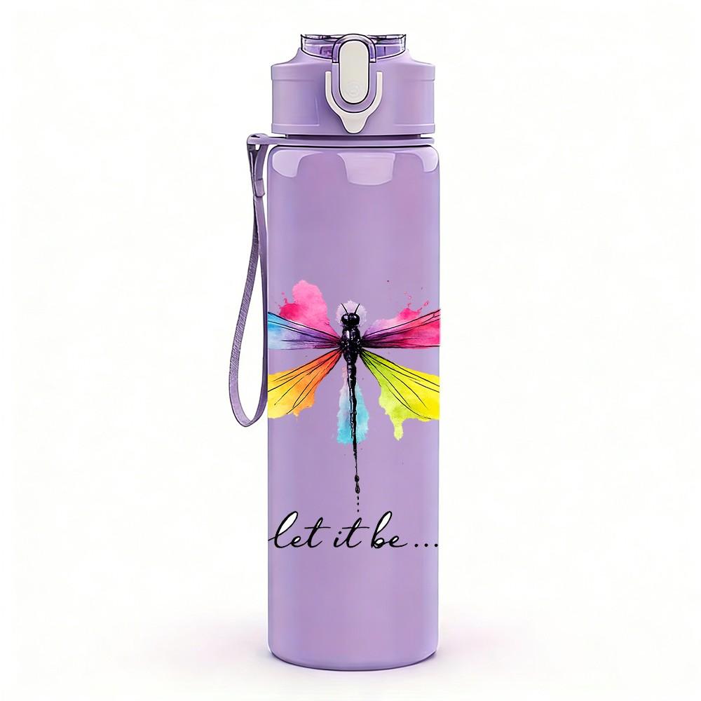 1PC Colorful Dragonfly Minimal Line Print 750ml Color Plastic Sports Water Bottle Leakproof Flip Straw Lid Suitable for Sports Office Home Use