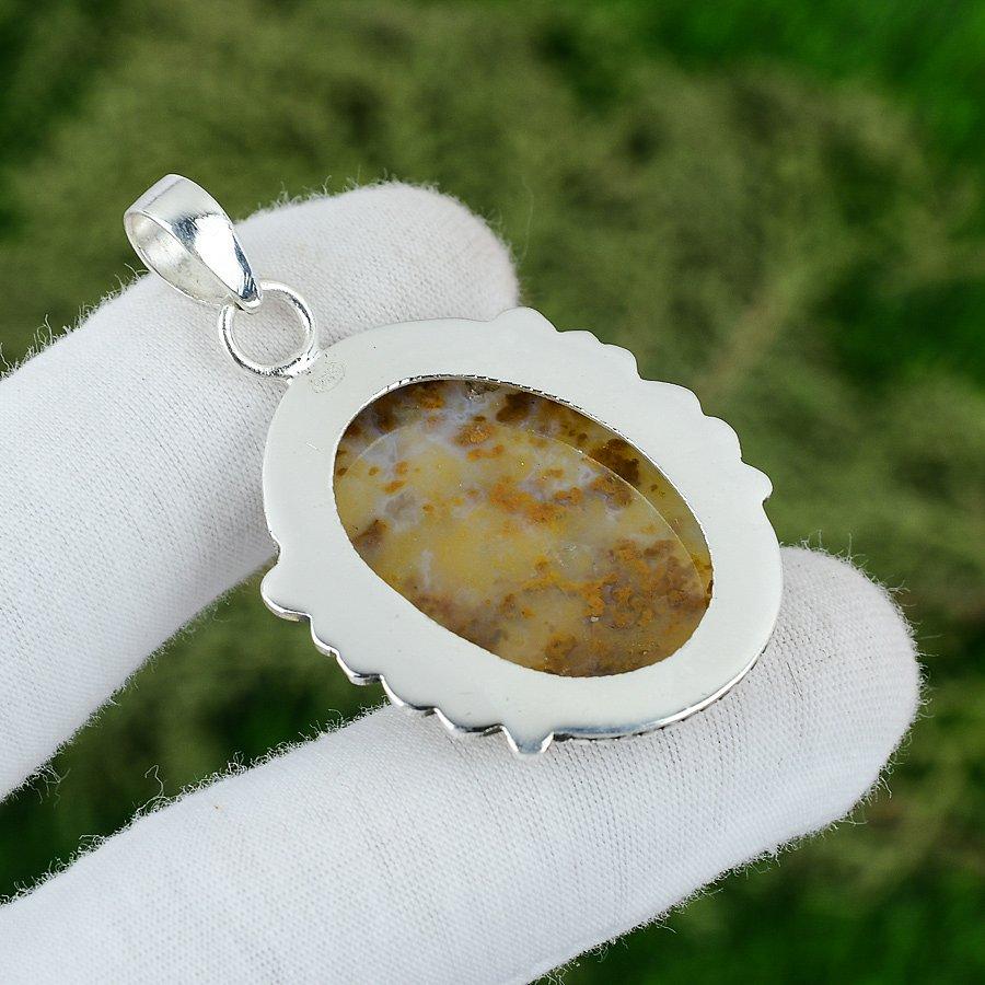 925 Sterling Silver Oval Natural Polka Dot Agate Bezel Wedding Pendant Jewelry