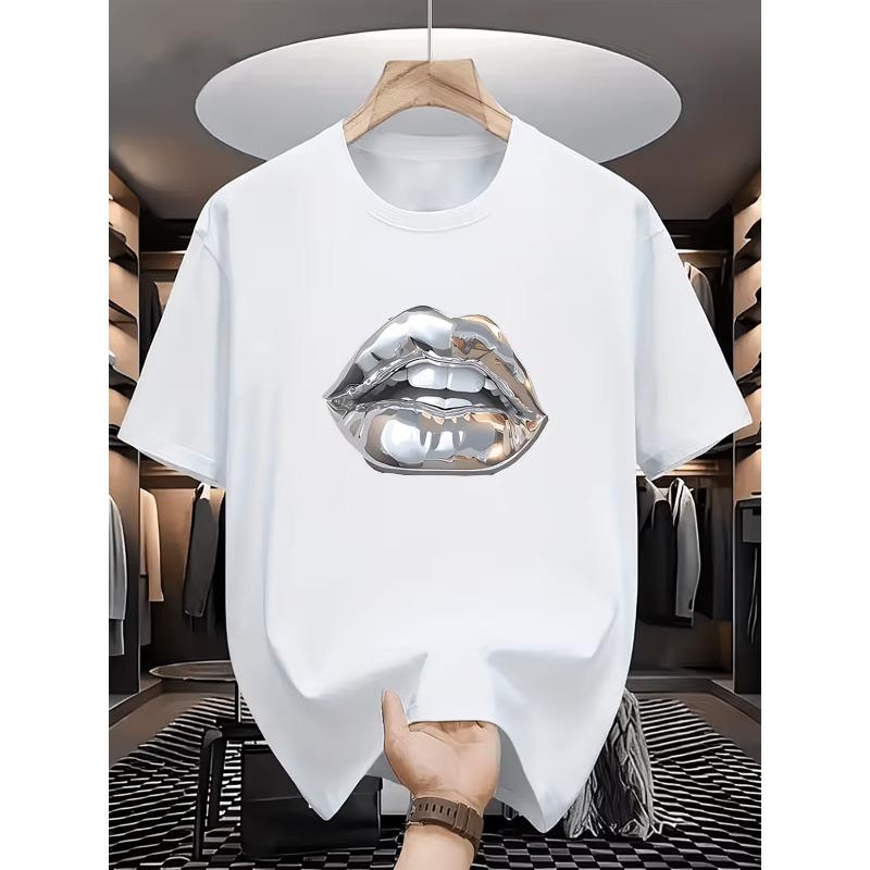 Men's Three-Dimensional Lip Print Trendy T-Shirt, Regular Fit, Outdoor Commuting Casual Top, Unique Design, Breathable and Versatile for Daily Wear