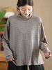 Johnature Mote Casual Vintage Stil Løs Stripe Rullekrave T-skjorte Dame Vinter Langermet Spleiset T-skjorte