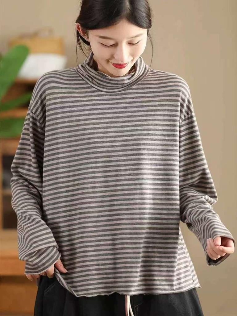 Johnature Mote Casual Vintage Stil Løs Stripe Rullekrave T-skjorte Dame Vinter Langermet Spleiset T-skjorte