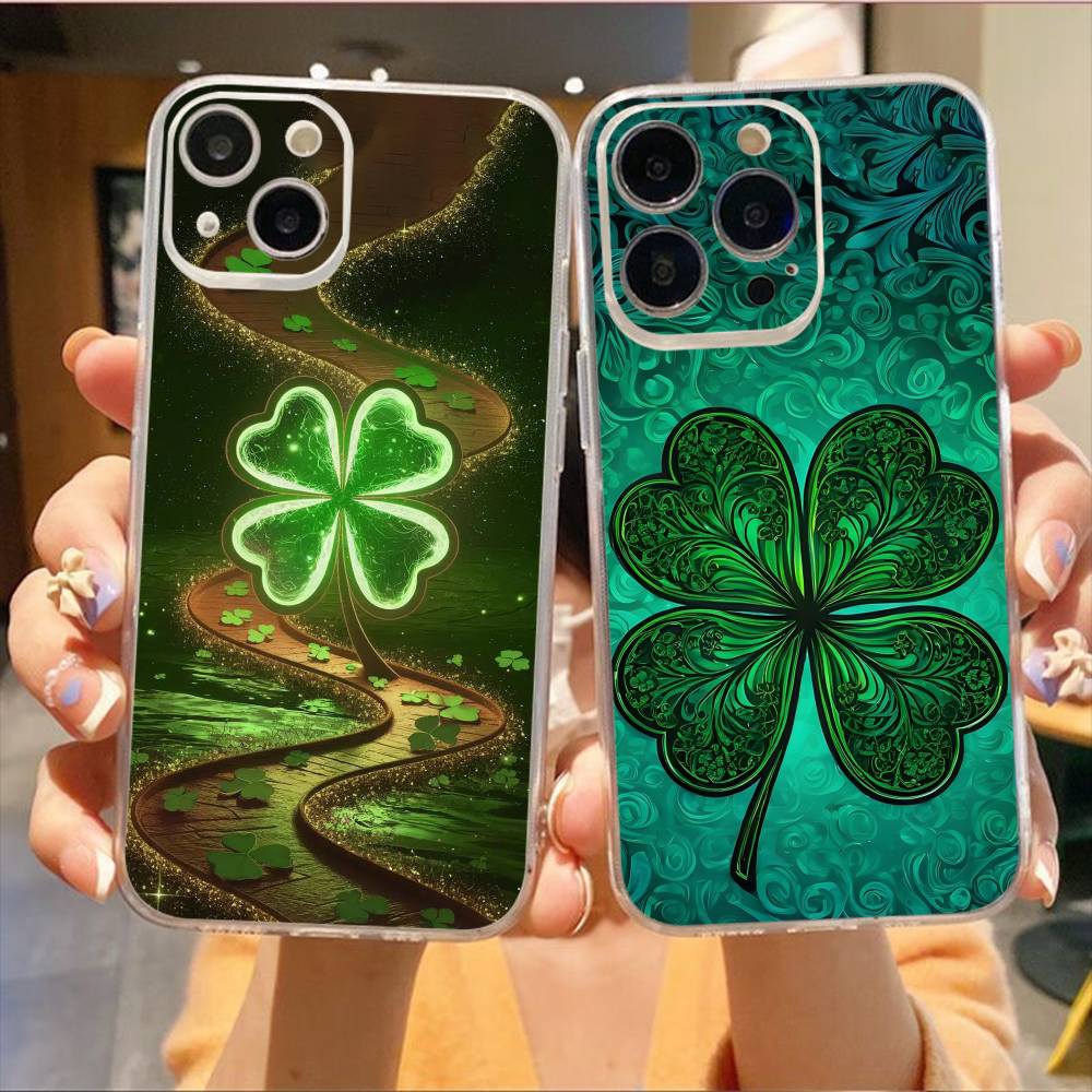 Clover Plant Four Leaf Phone Case For iPhone17,16,15,14,13,12,11 Plus,Pro Max Soft Transparent Cover