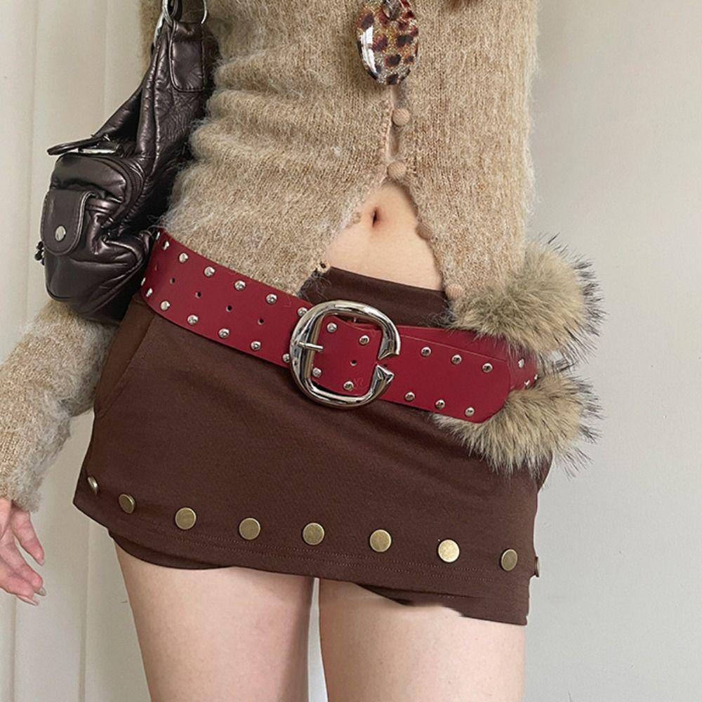 Rivet Leather Fur Belt Faux Fur Plush Belt Vintage Y2K Waistband  Daily