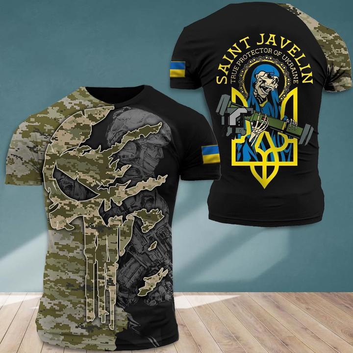 Ukraine Patriotic Soldier Graphic T-Shirt with Camo Sleeves