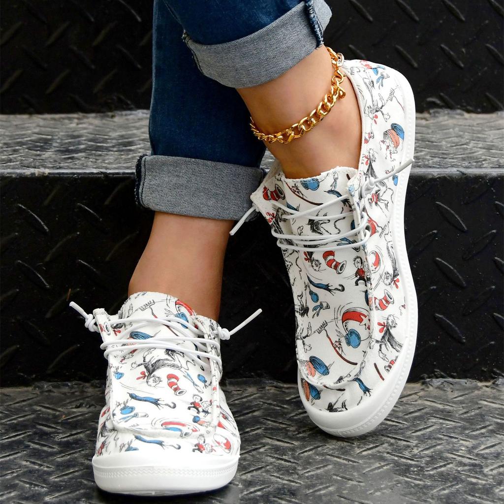 Women's Cartoon Print Flat Loafers, Lightweight Round Toe Comfortable Lace Up Slip On Canvas Shoes, Casual Low Top Shoes