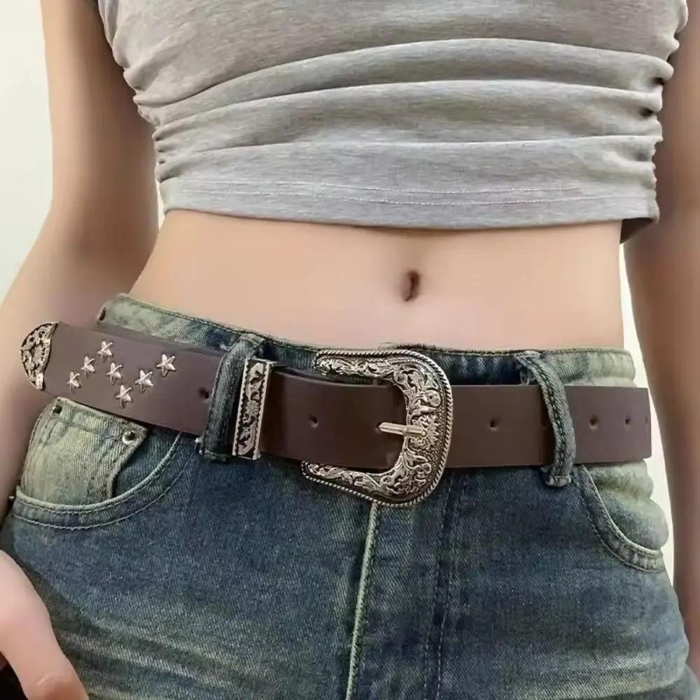 Solid Color Western Studded Belt Gothic Star Waistband Trouser Belt Y2K Punk Belt Unisex
