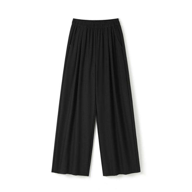 

Summer wide-leg pants women s ice silk thin high-waisted drape casual loose pleated straight floor-mopping trousers simple M чёрный