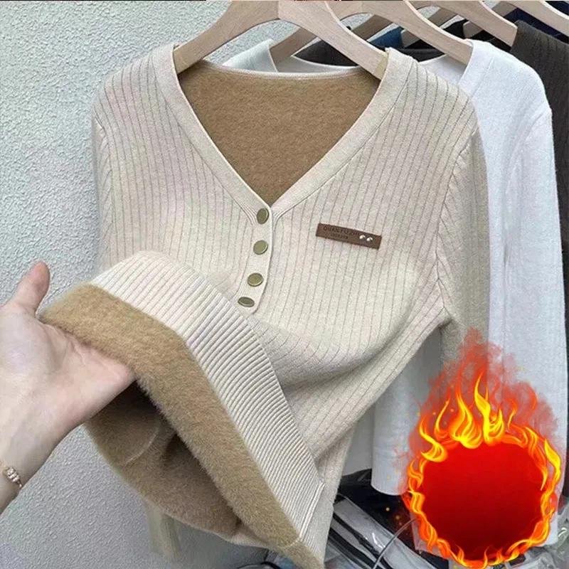 

Пуловери Топи Жіночі Довгі Рукави Осінь Зима Утеплена Блузка Оверсайз V-подібний Виріз Вільна Сорочка з Довгими Рукавами Приталені Пуловери XL бежевий