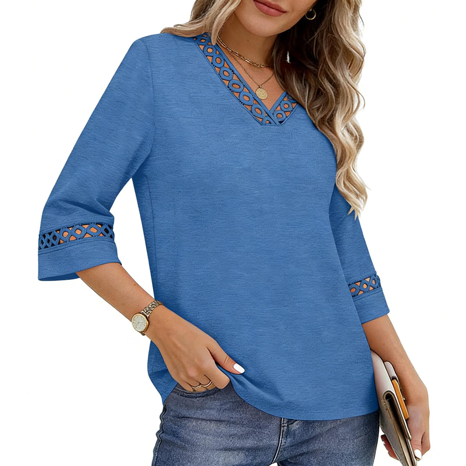 

Women’s V Neck Hollow Out Trim Blouse with 3/4 Sleeves Casual Loose Fit Top for Daily Wear Office M тёмно-синий