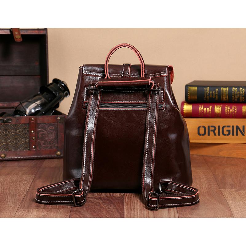 Genuine Waxed Leather Drawstring Women Backpacks Flap Ladies Travel Bag Stylish Korean Girl's School Bags