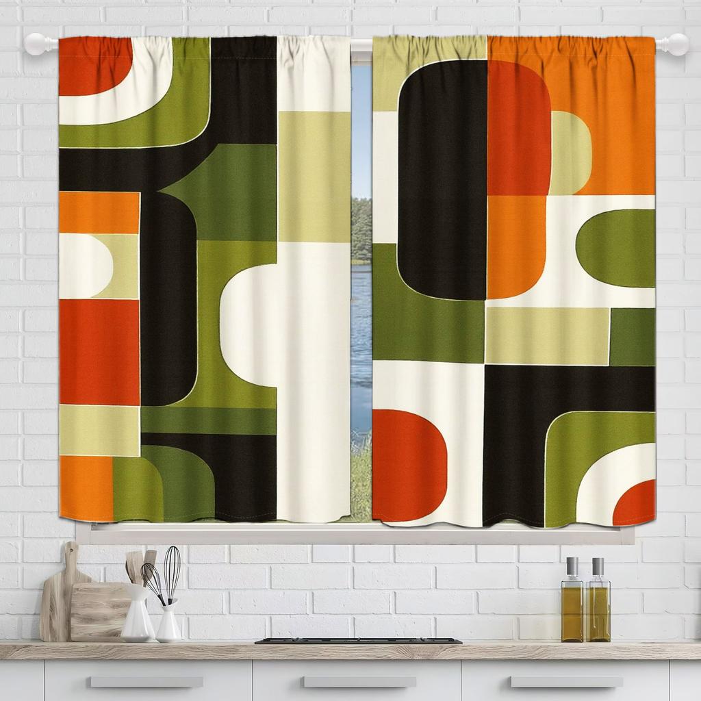 Retro Geometric Curtains 2pcs – Mid-Century Modern Abstract Design In Orange Green Black Cream, Living Room Decor