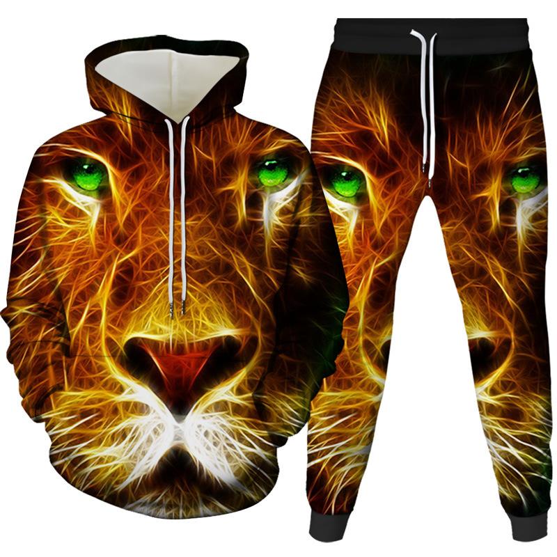 2022 foreign trade new 3d creative lion digital printing printing men's and women's hooded pullover casual sweater two-piece set