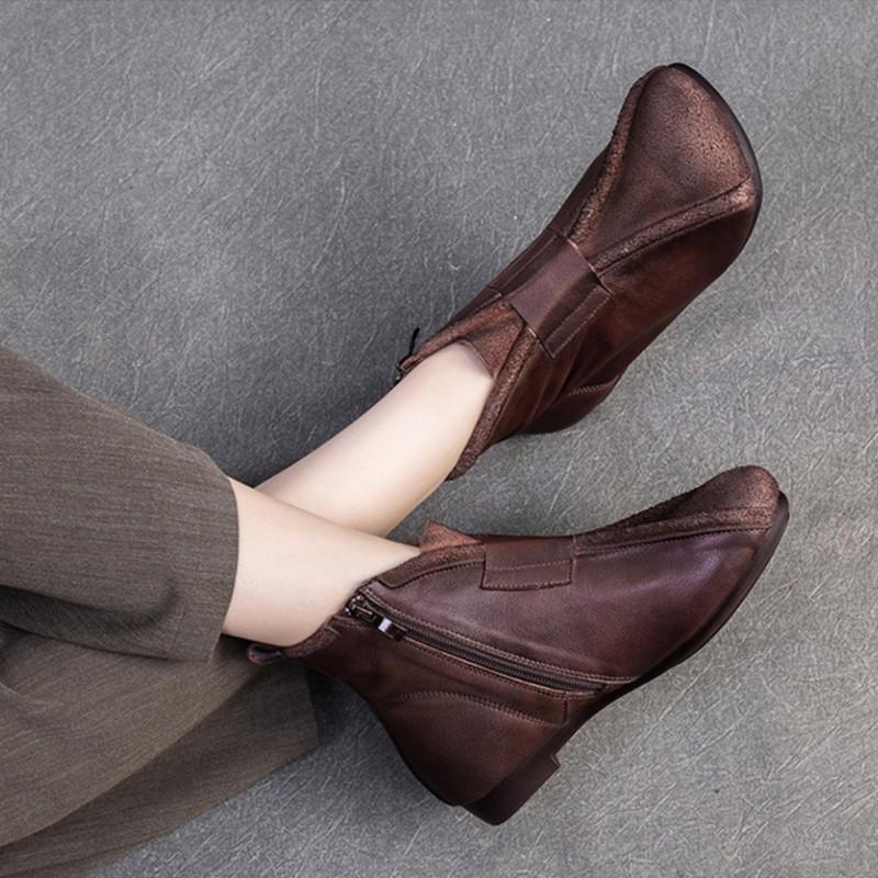 Johnature Sapatos femininos de couro legítimo, bota curta retrô confortável e de fundo plano