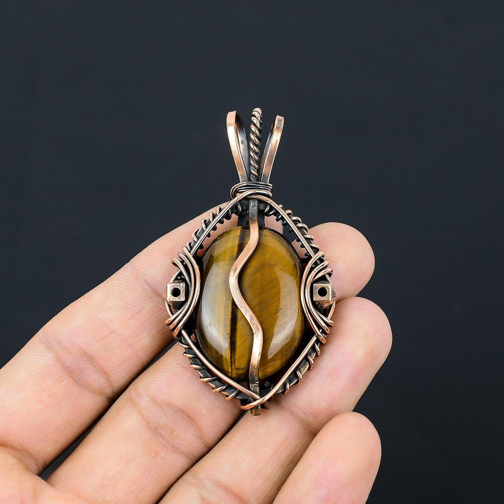 Tiger Eye Pendant, Handmade Gemstone 999 Copper Wire Wrapped Pendant Antique Jewelry, For Gift Silver Jewelry