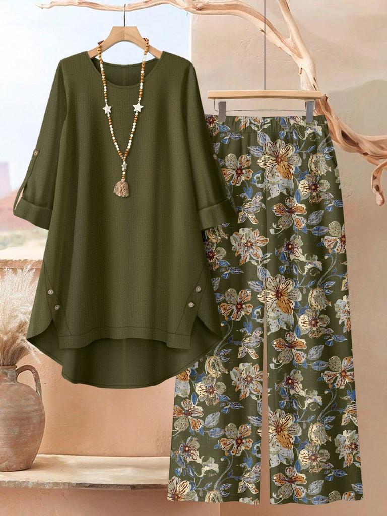 Large Size Women's Printed Medium-sleeved Top Floral Wide-leg Pants Casual Two-piece Set Multi-color Set