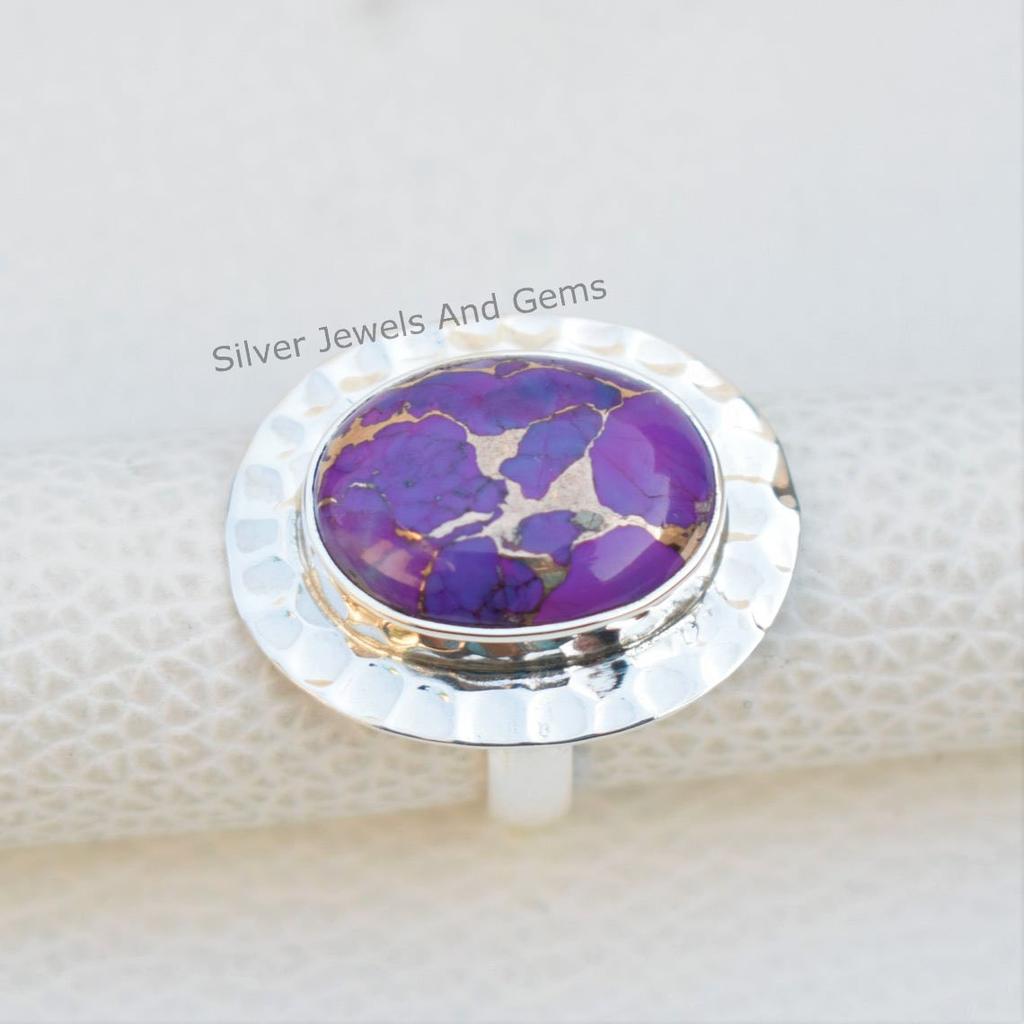 Purple Copper Turquoise Sterling Silver Ring, Hammered Design, December Birthstone