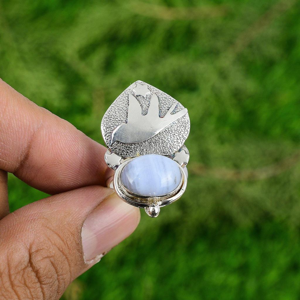 Natural Blue Lace Agate 925 Silver Promise Bird Adjustable Ring For Girls