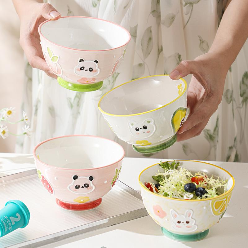 Hand-Painted Relief Household Ceramic Bowl Cartoon Cute Rice Bowl Tableware Children'S Bowl Bear High Value Eating Bowl