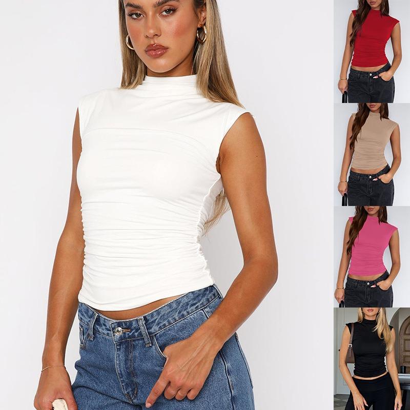 Women European American Style Solid Color Slim Fit Half Turtleneck Sleeveless Sexy Tank Top