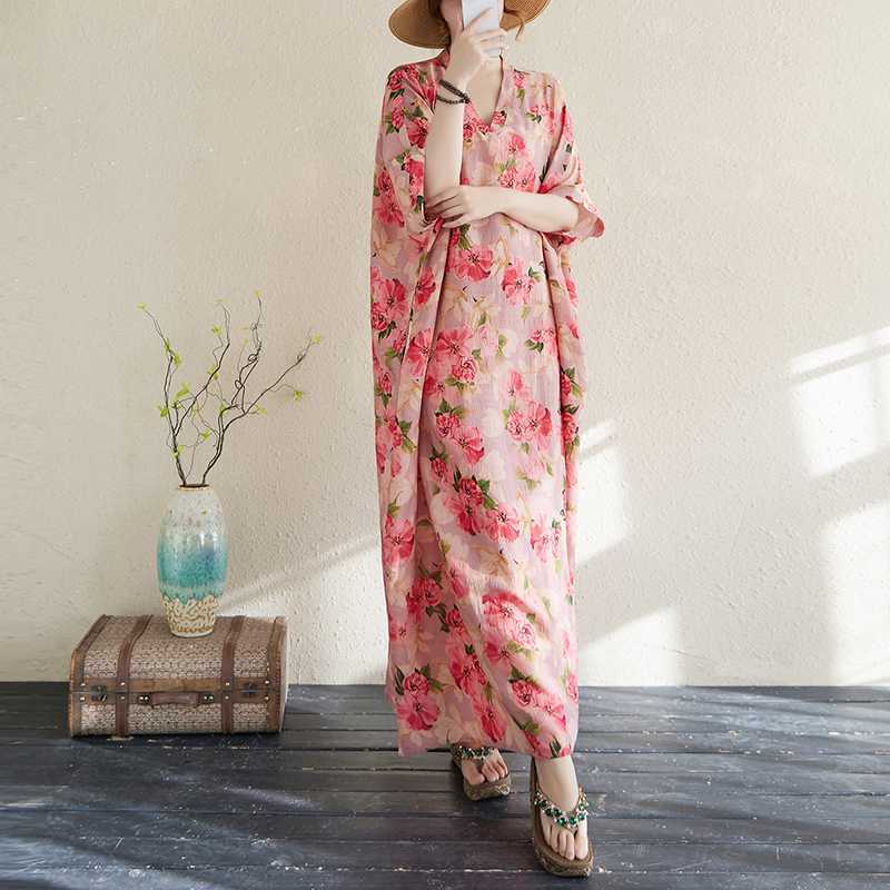 Summer Color Travel V-neck Retro Long Skirt Cotton Linen Dress