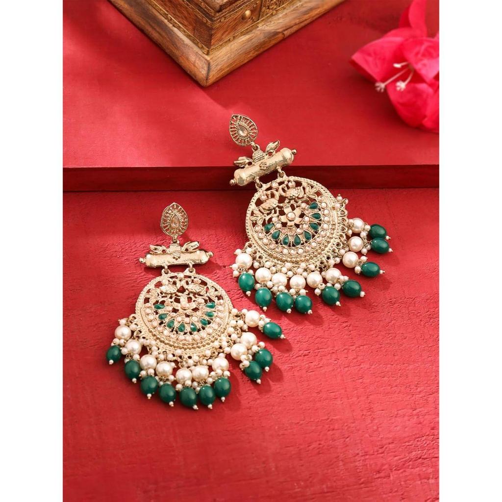 Ethnic Gold Plated Enamel Handpainted Design Stones Beads Traditional Chandbali Earrings for Women and Girls
