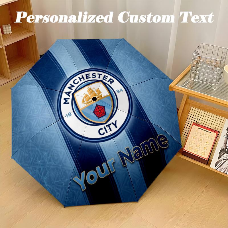 8 Rib Auto Folding Umbrella Manchester City Print Custom Name Text Portable Rain Gear