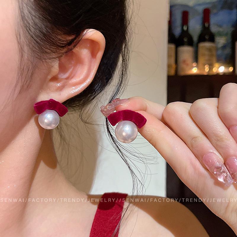 Red Flocking Bow Pearl Earrings Femininity New Year s Earrings New Popular Light Luxury Earrings