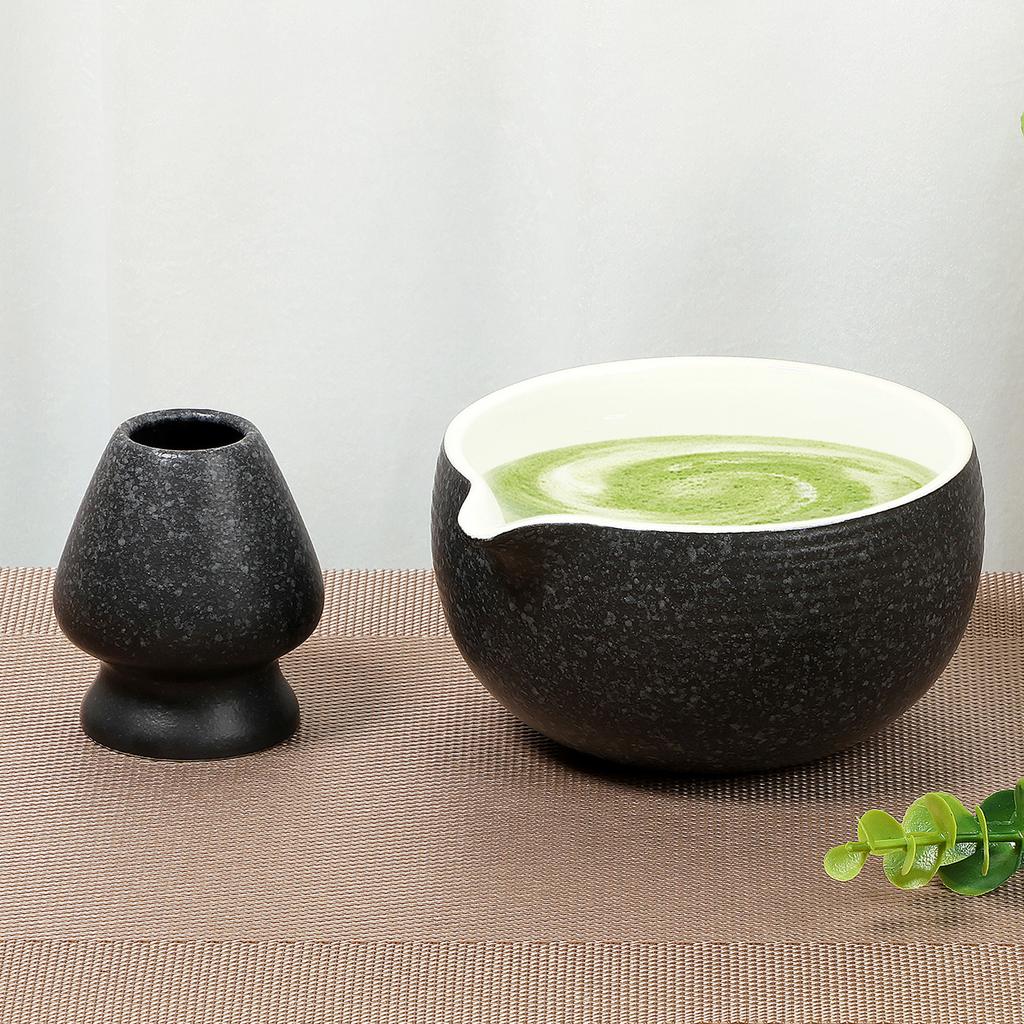 Matcha Set Black Ceramic Match Bowl and Whisk Holder Set or Bamboo Matcha Whisk Scoop Stainless Steel Sifter Japanese Tea Set