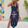 Women Plus Size U Neck Sleeveless White Printed Tank Midi Dress High Side Slit Curved Hem